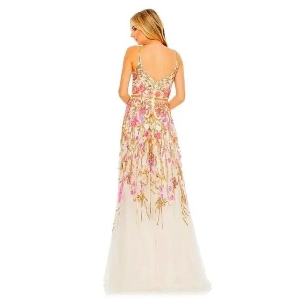 Mac Duggal 5671 V Neck Floral Embellished Evening Gown Maxi US 16 NWT Oyster - Picture 3 of 8